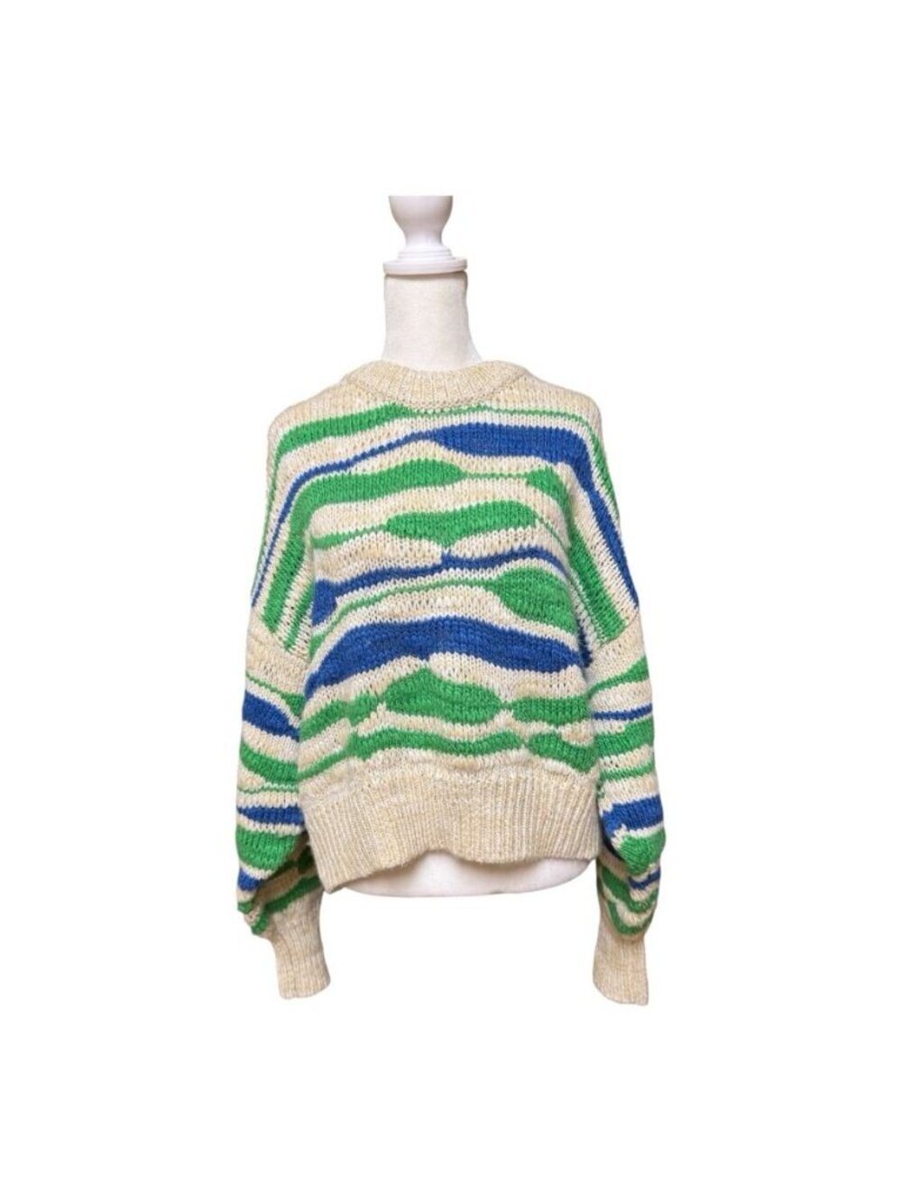 Aerie Women’s Wool Blend Striped Cropped Chunky Knit Sweater Medium Green Blue